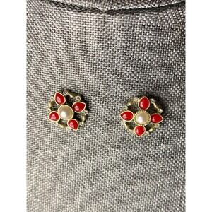 Vintage Red Enamel Pearl Rhinestone Flower Stud Earrings Vintage Garden Romantic